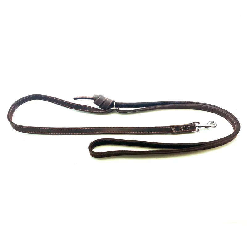 Shoulder leash in brown oiled leather, 1.5 cm wide, with orange stitching