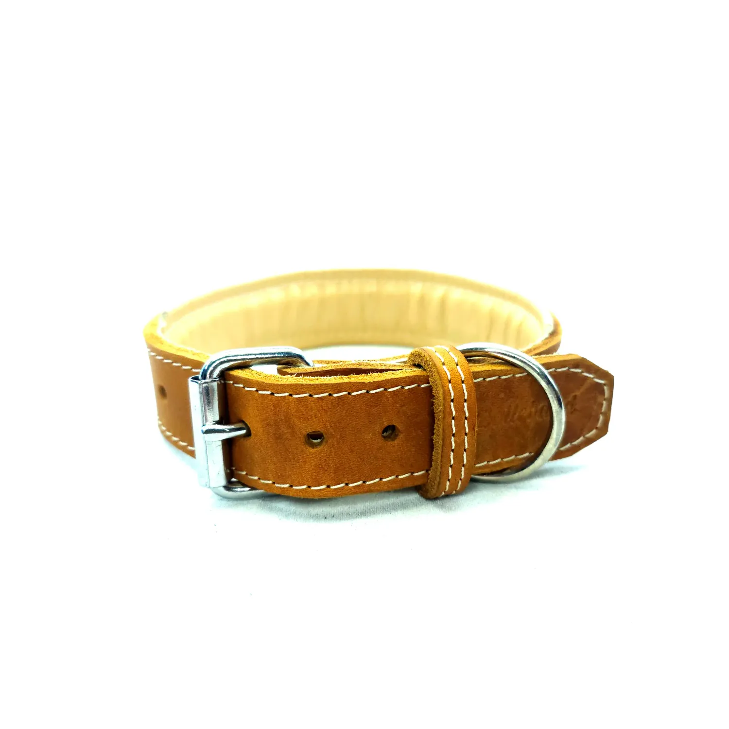 Padded Leather Collar Cognac-cream 3.5 cm wide