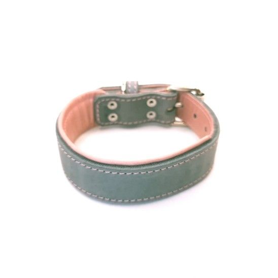 Grey &amp; Pink Padded Oiled Leather Dog Collar – 3.5 cm Wide