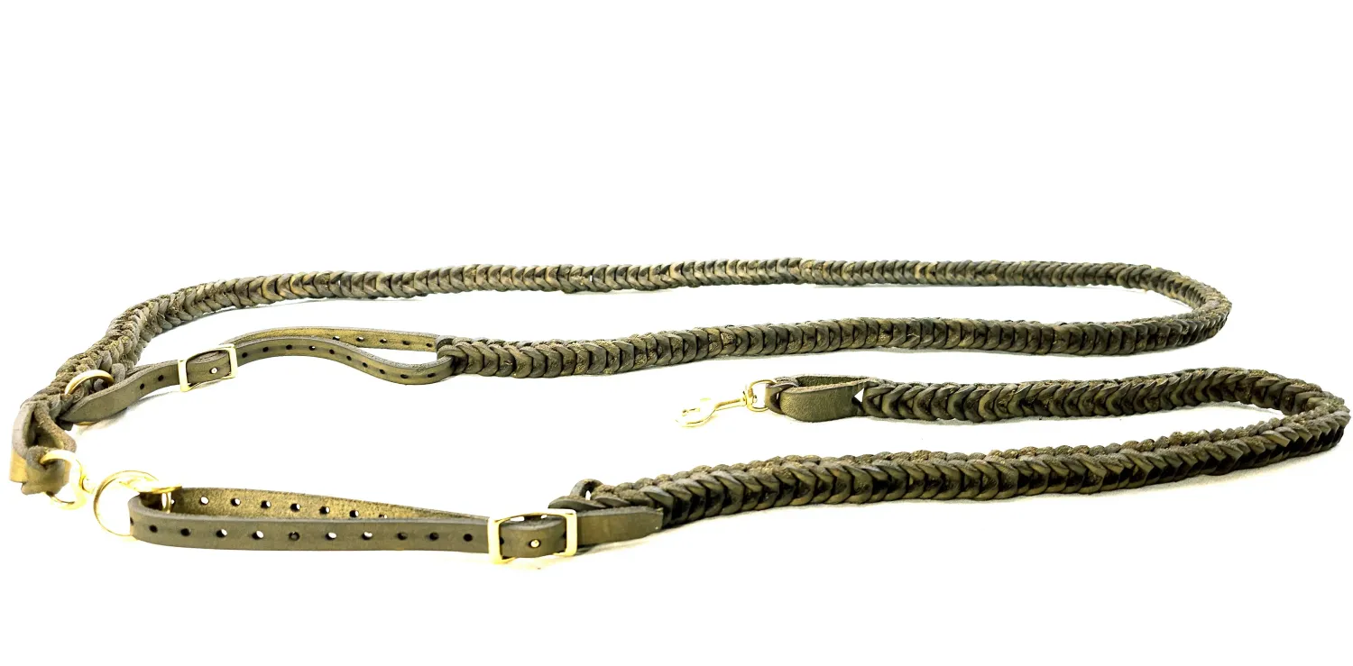 Luxury Olive Leather Hands-Free Leash – Braided – with Brass Hardware – Full View