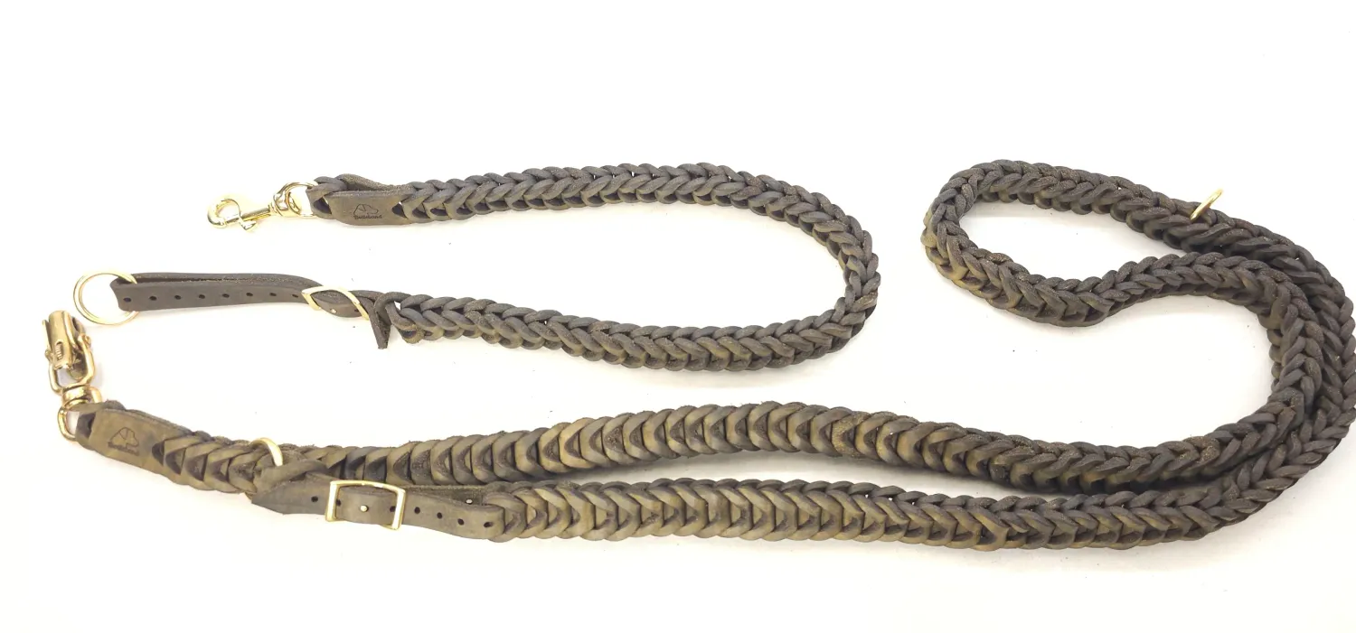 Specially braided premium dog leash in olive oiled leather