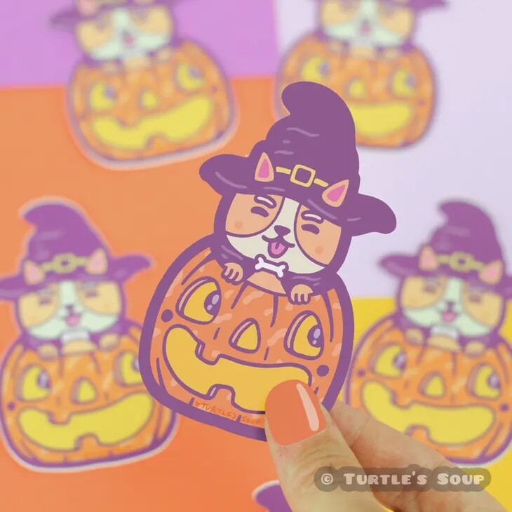 Pumpkin Corgi Autumn Orange Halloween Vinyl Sticker