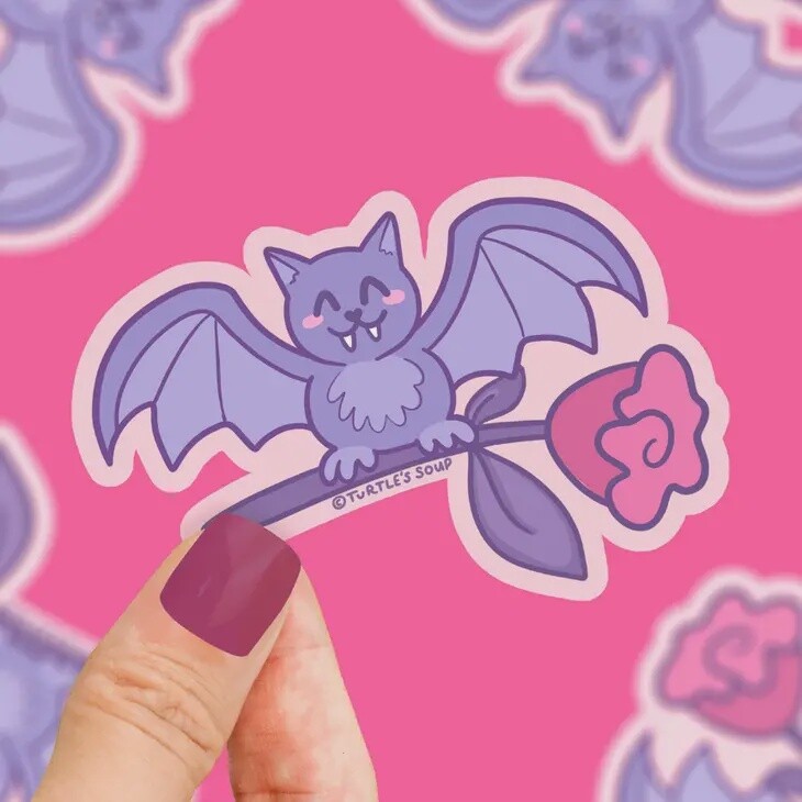 Romantic Bat Delivery Rose Flower Gift Vinyl Sticker