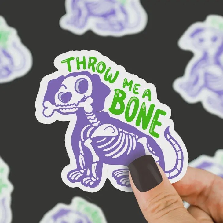 Throw Me A Bone Skeleton Puppy Halloween Vinyl Sticker