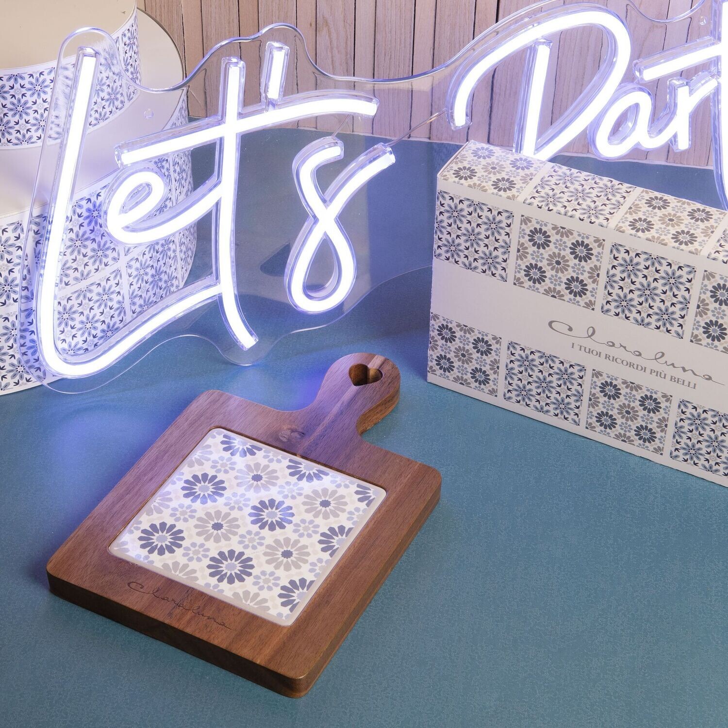 Claraluna - Tagliere Acacia Fiori Blu/Tortora