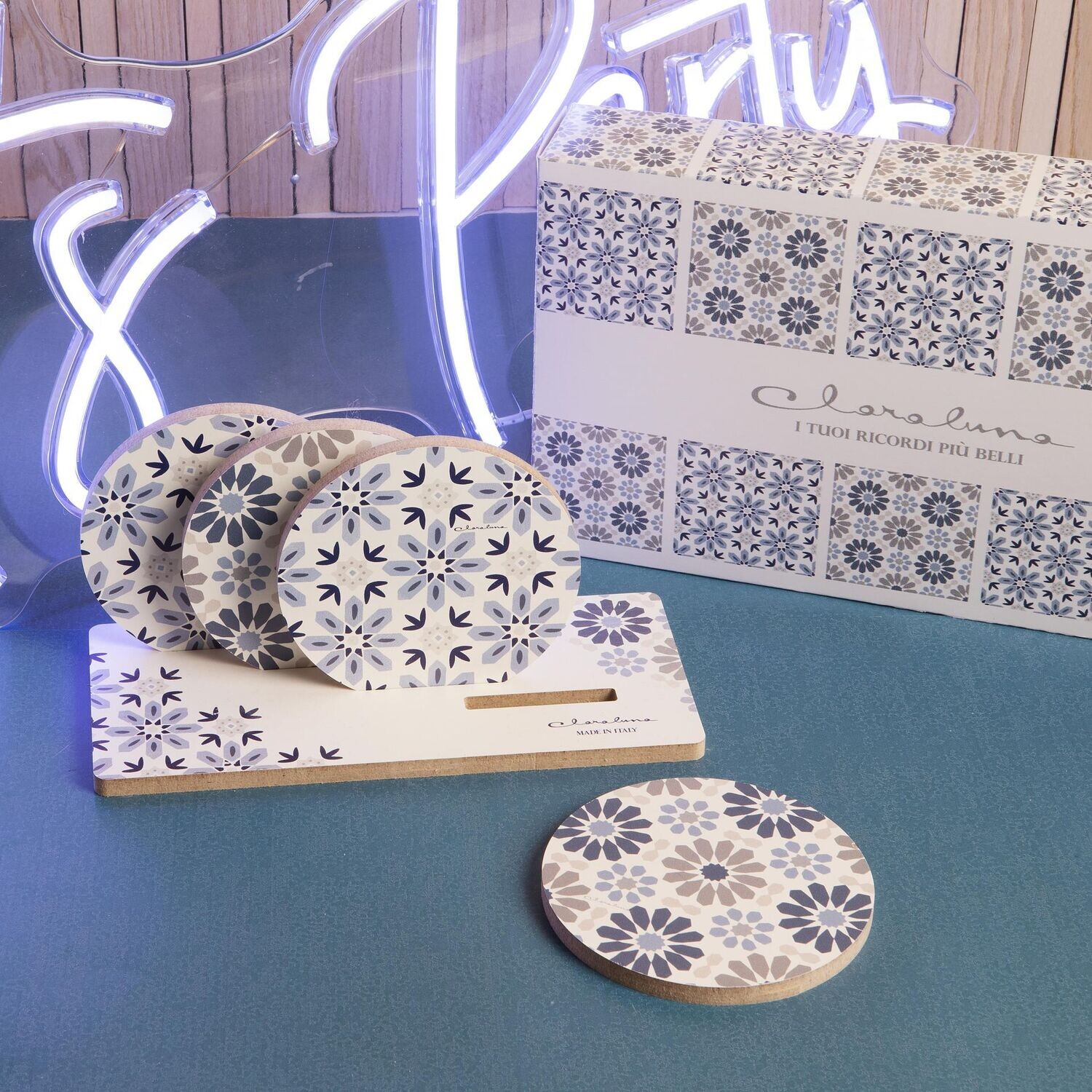 Claraluna - Set 4 Sottobicchieri Blu/Tortora