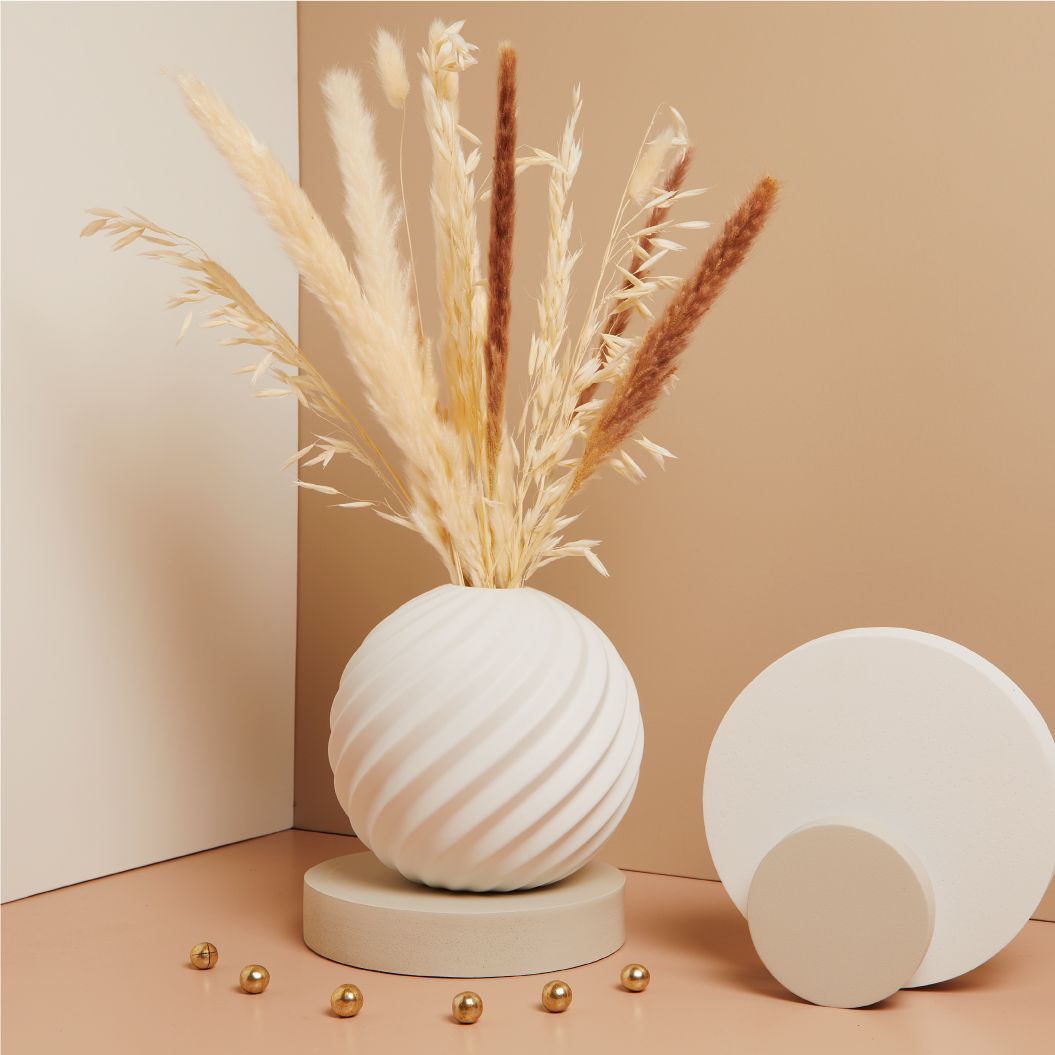 Claraluna - Vaso tondo bianco onde con fiori 25006