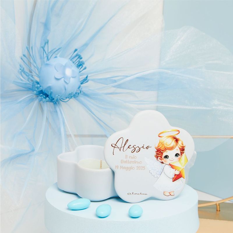 Claraluna - Scatolina azzurra con angioletto e candela Personalizzabile 25361CAND