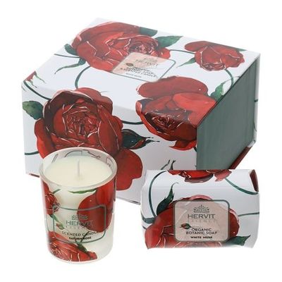 Hervit - Set candela e sapone rose Baccarat bianco 29715