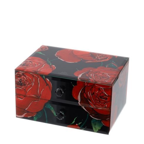 Hervit - Cofanetto legno e vetro Rose Baccarat nero con 2 cassetti 29747