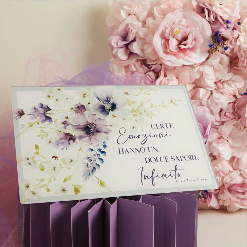 Tagliere in vetro con decoro floreale lilla