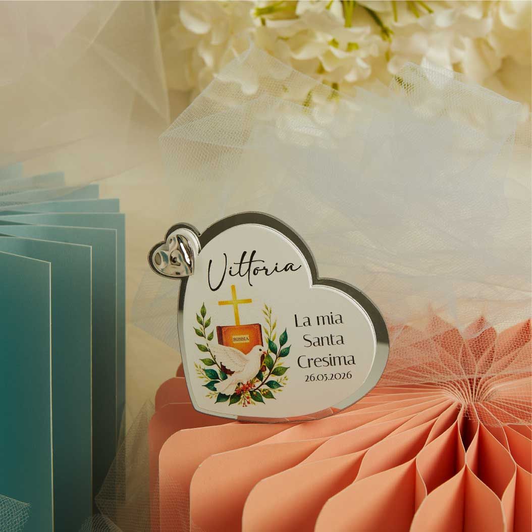 Icona a forma di cuore  per tema battesimo,comunione, cresima( femmina e maschio) e matrimonio, Icona cresima scelta genere: Femmina