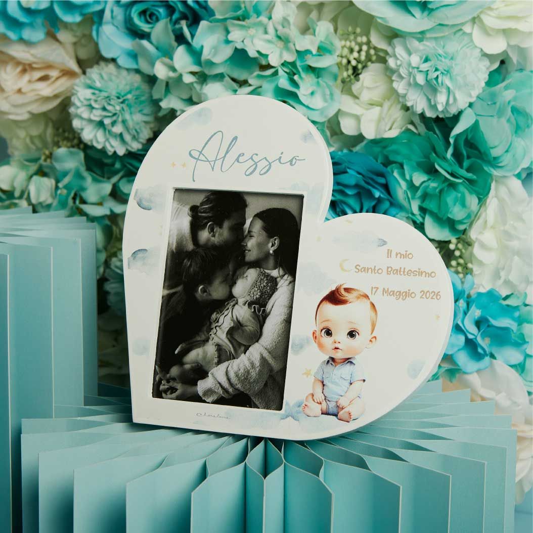 Portafoto cuore battesimo maschio