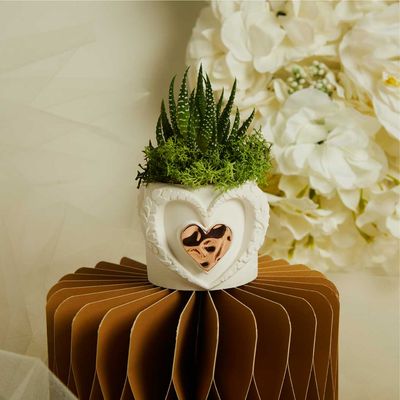 VASETTO CUORE CON APPLICAZIONE E PIANTINA CON MUSCHIO