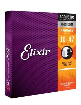 Elixir Strings 80/20 Bronze Acoustic - NANOWEB Coating Extra Light (.010-.047)