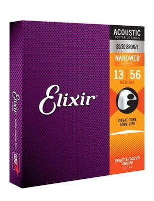 Elixir Strings 80/20 Bronze Acoustic - NANOWEB Coating Medium (.013-.056)