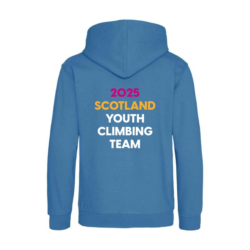 ClimbScotland Youth Climbing Team 2025 Hoodie – Sapphire Blue (Kids sizing)