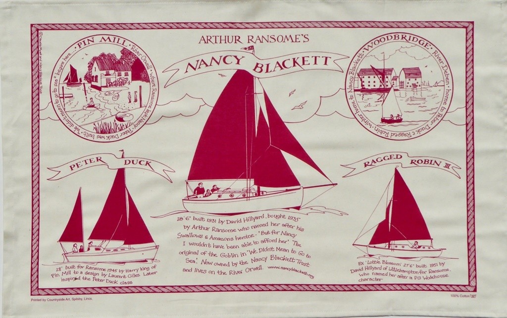 Nancy Blackett "Three Ships" Linen Teatowel (burgundy)