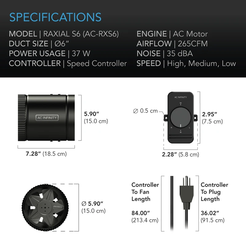 AC infinity Raxial S6 Booster Fan W/ Speed Controller
