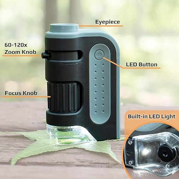 Carson MicroBrite Plus 60x-120x LED Lighted Pocket Microscope, Portable Handheld Microscope