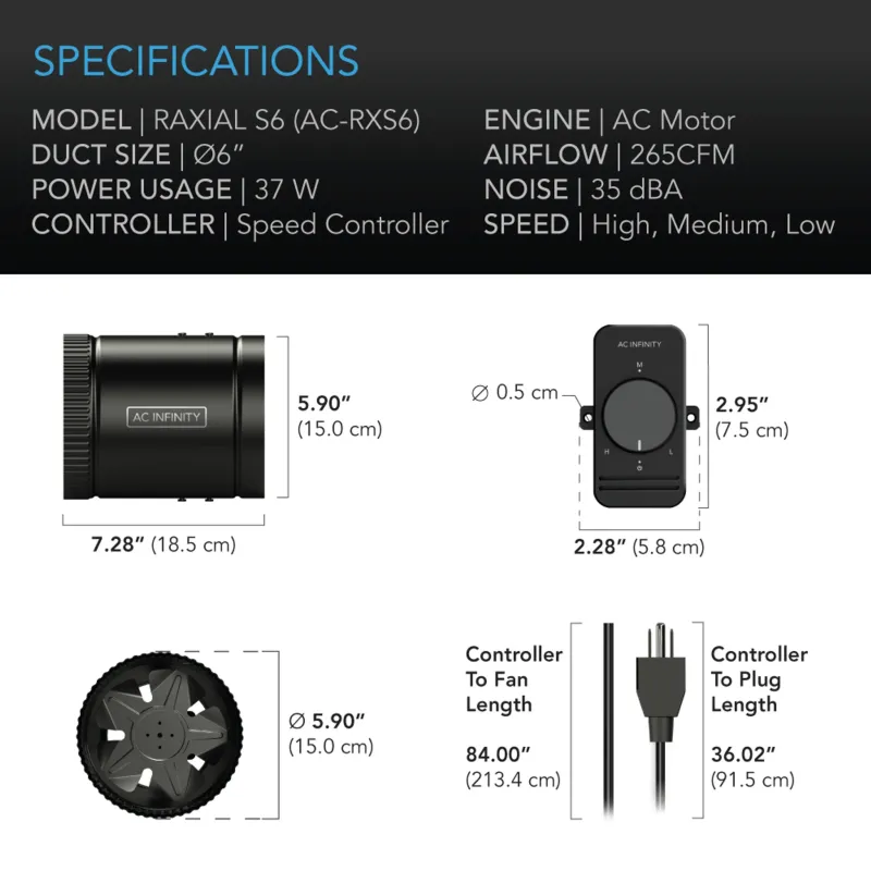 AC infinity Raxial S6 Booster Fan W/ Speed Controller