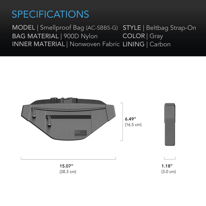 AC Infinity  Smell Proof Belt Bag, Gray, with 900D Nylon Fabric and Carbon Filter Lining