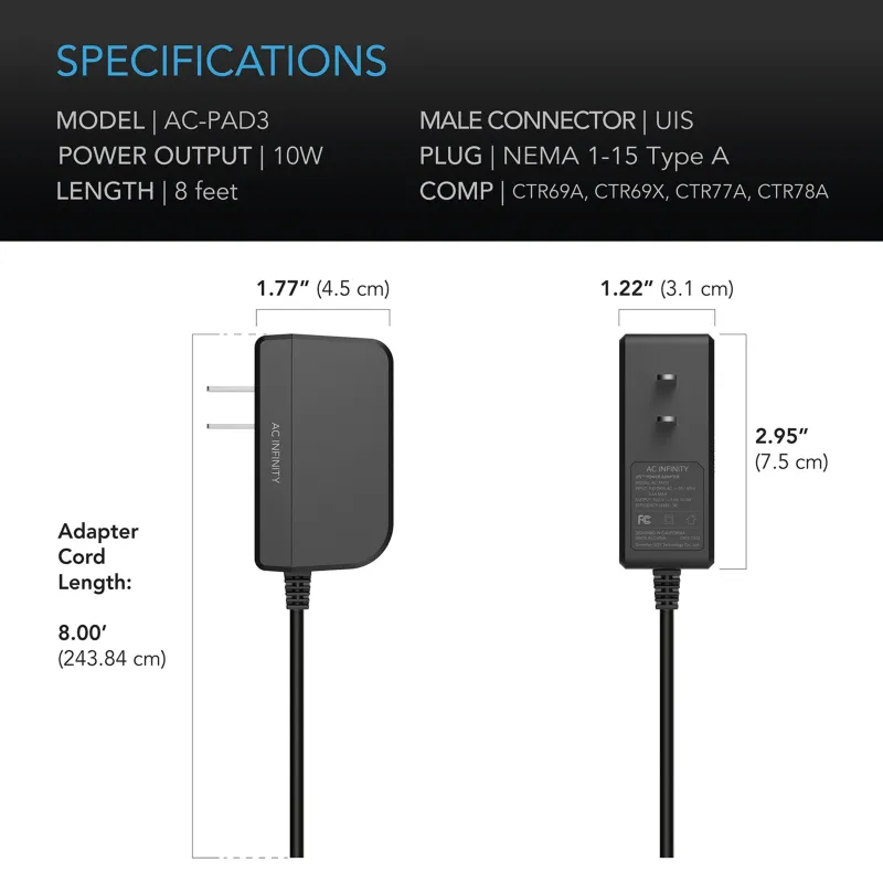 AC InfinityUIS Power Adapter, for Controllers not powered by UIS devices 8ft