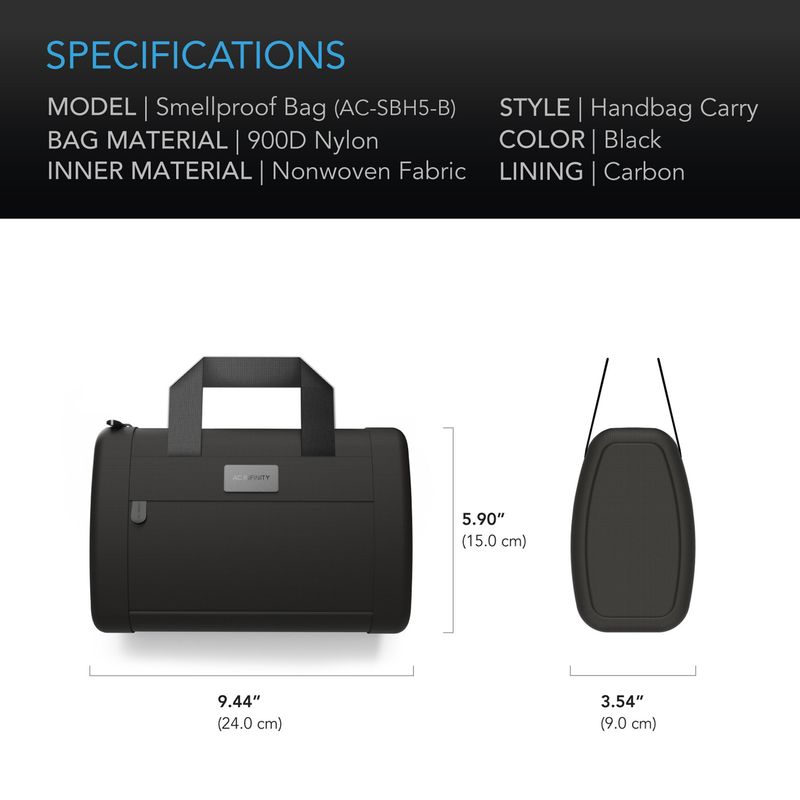 AC Infinity  Smell Proof Handbag, Black, with 900D Nylon Fabric and Carbon Filter Lining