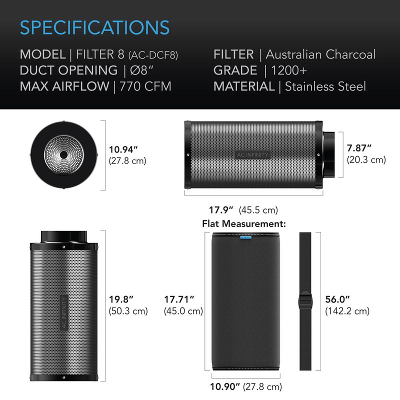 AC INFINITY DUCT CARBON FILTER, AUSTRALIAN CHARCOAL, 8-INCH