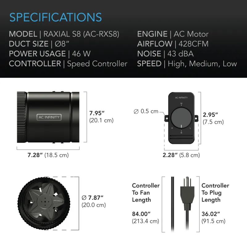 AC Infinity Raxial S8 Booster Fan W/ Speed Controller