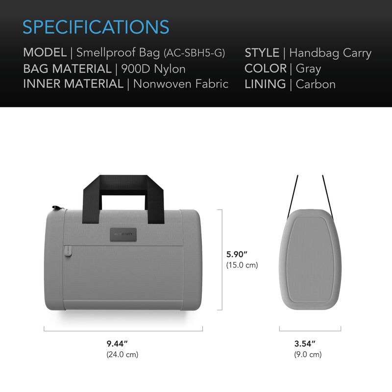 AC Infinity  Smell Proof Handbag, Gray, with 900D Nylon Fabric and Carbon Filter Lining Fanny Pack