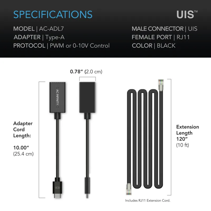 AC infinity UIS Lighting Adapter Type-A, for RJ11/12 Connector Lights with PWM or 0-10V Dimmers
