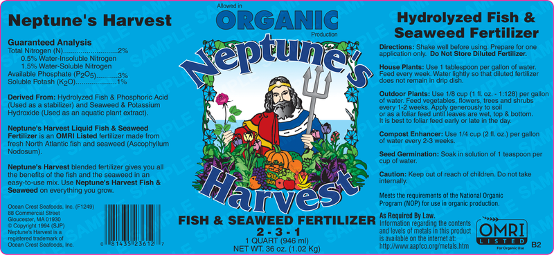 Neptune's Harvest Hydrolyzed Fish Fertilizer Quart 2-4-1