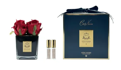 Square 4 Rose Buds Black Glass- Red Square 4 Rose Buds Black Glass- Red