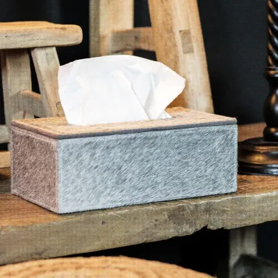 Boîte à mouchoirs en peau de vache grise