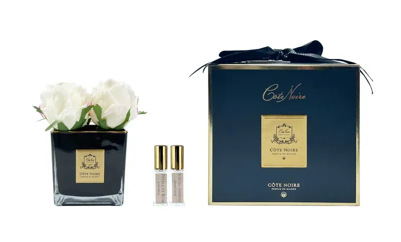 Square 4 Rose Buds Black Glass-Blush