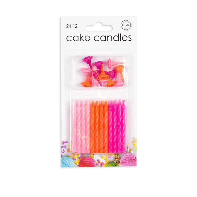 24 CAKE CANDLES  + 12 HOLDERS - PINK