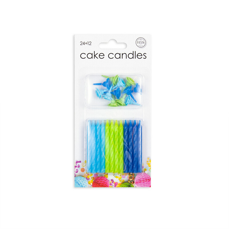 24 CAKE CANDLES  + 12 HOLDERS - BLUE