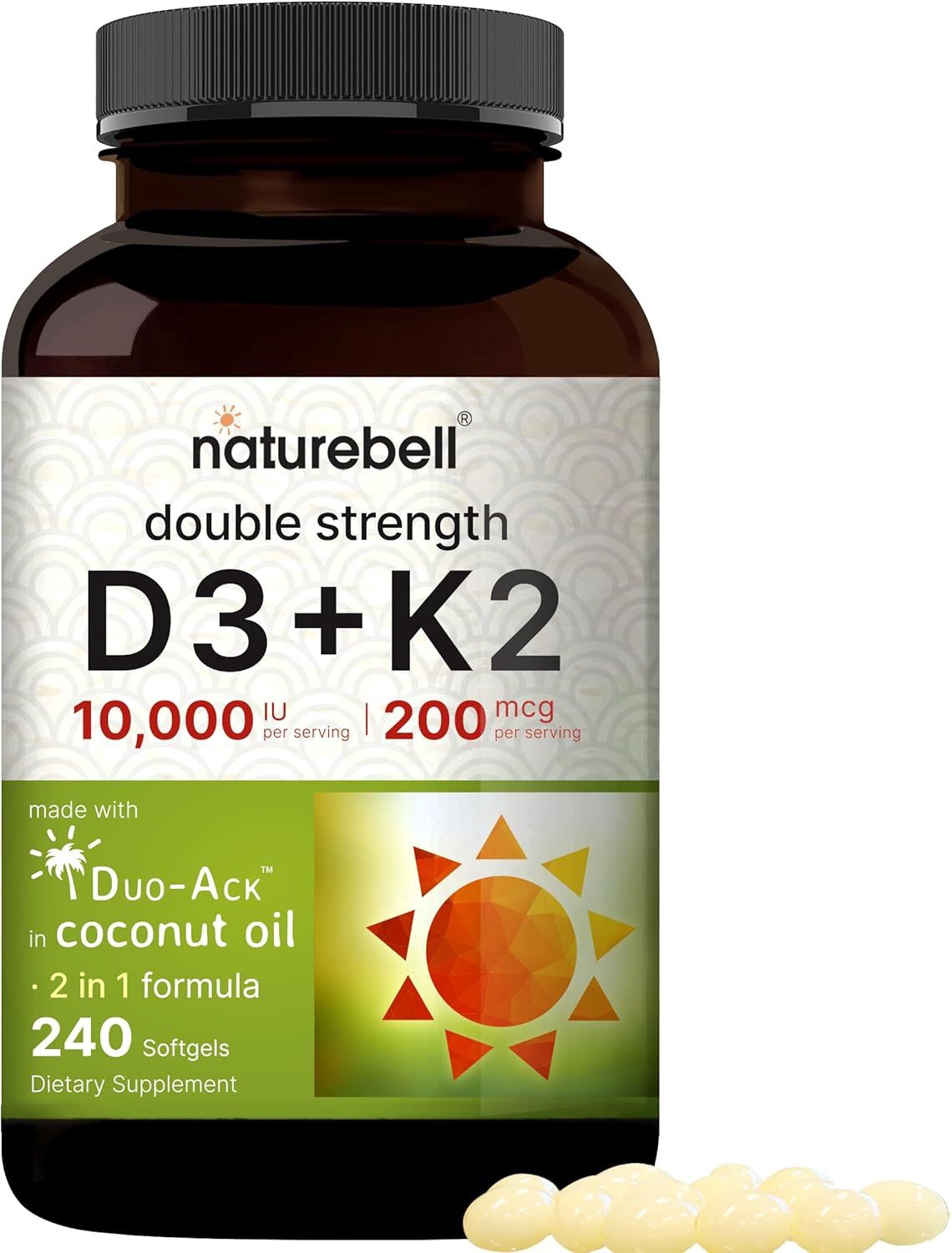 NatureBell  Vitamin D3 10,000 IU + K2 200 mcg,    240 Softgels