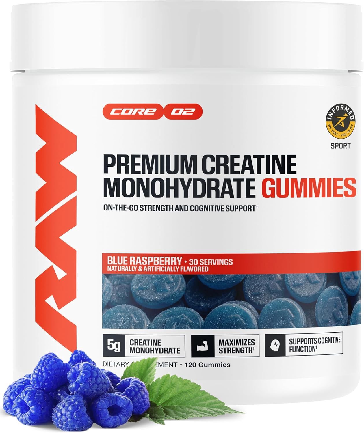RAW Nutrition Creatine Gummies  - 120 Gummies (30 Servings), Flavor: Blue Raspberry