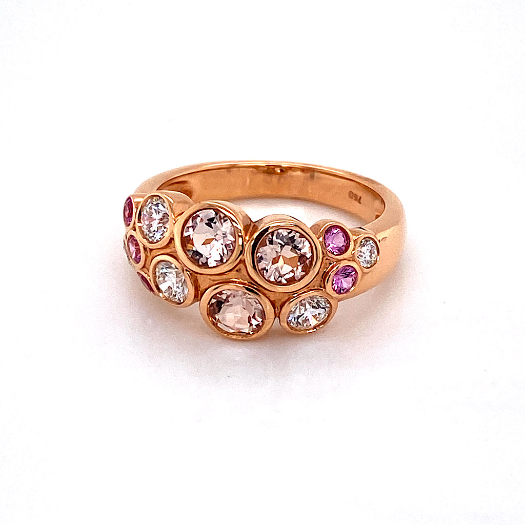 18 Carat Rose Gold Diamond, Pink Sapphire and Morganite Bubble Ring