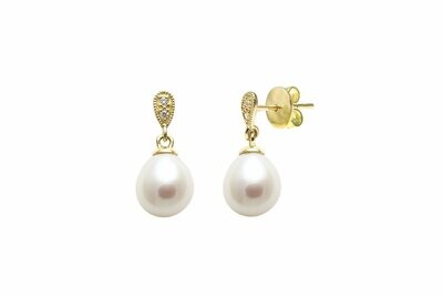 18 Carat Yellow Gold Freshwater Cultured Pearl and Diamond Drop Earrings