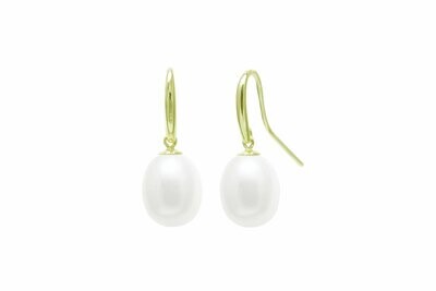 White Teardrop Cultured Freshwater Pearl Drop Earrings 9 Carat Yellow Gold