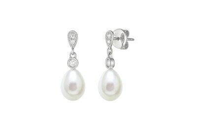 Teardrop White Freshwater Cultured Pearl and Diamond Drop Earrings 18 Carat Gold