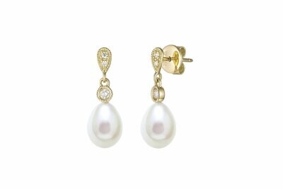 Teardrop White Cultured Freshwater Pearl and Diamond Drop Earrings 18 Carat Yellow Gold
