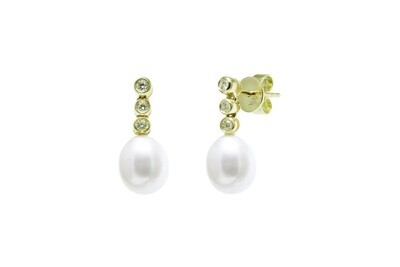 18 Carat Yellow Gold Pearl And Diamond Drop Earrings