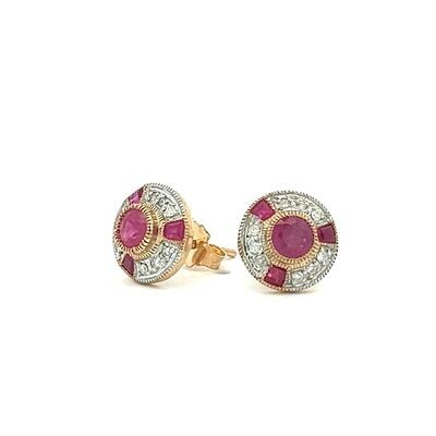A Pair Of 9 Carat Gold Ruby and Diamond Stud Earrings