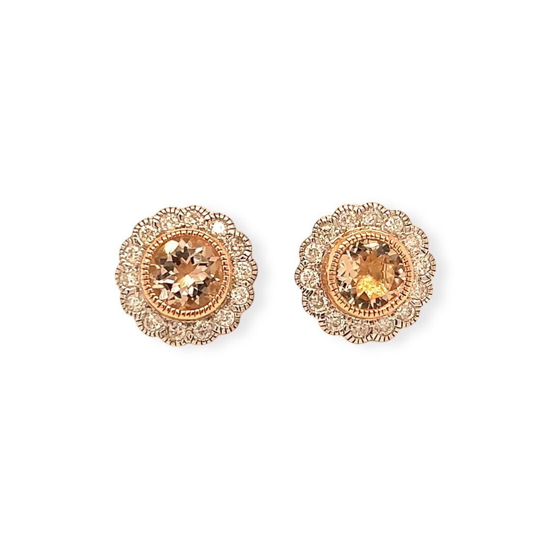 A Pair Of Morganite and Diamond Stud Earrings 9 Carat Gold