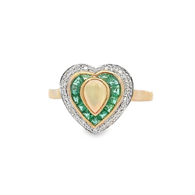 Opal, Emerald And Diamond Heart Shape Ring 9 Carat Gold