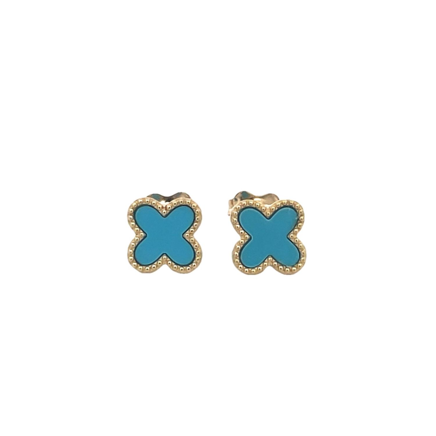 Turquoise Clover Stud Earrings 9 Carat Yellow Gold 8 mm